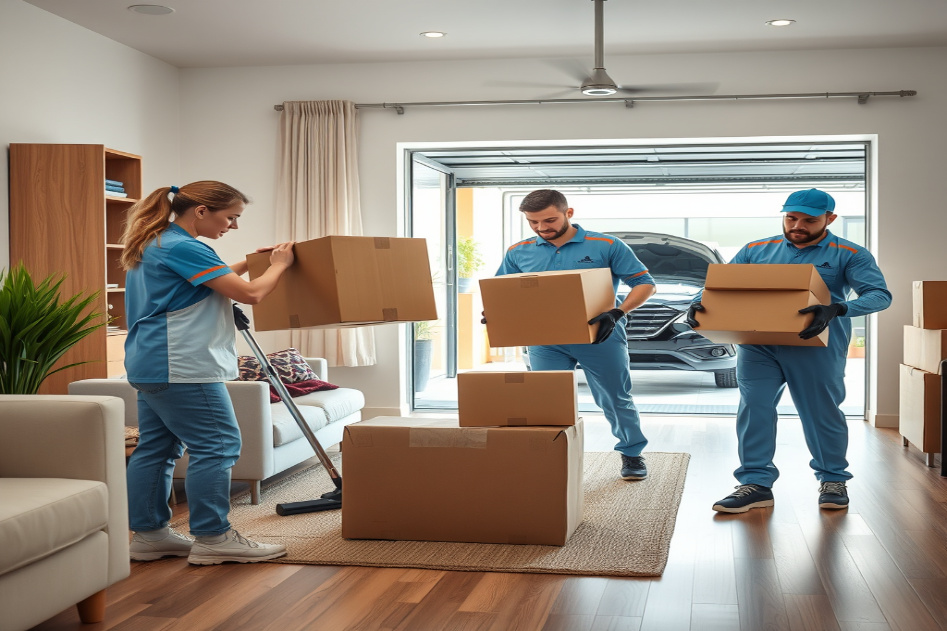 Professional movers handling boxes near a white moving van